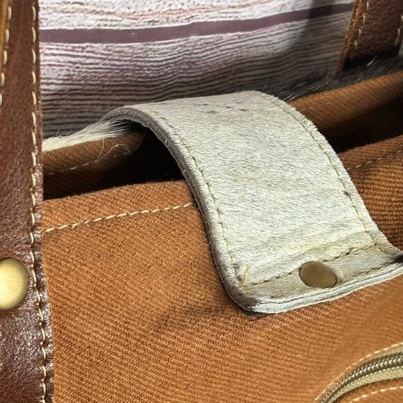Myra Leather Cotton Boho Western Rodeo Berry Cowhide Weekender Zipper Tote Bag - Picture 9 of 15